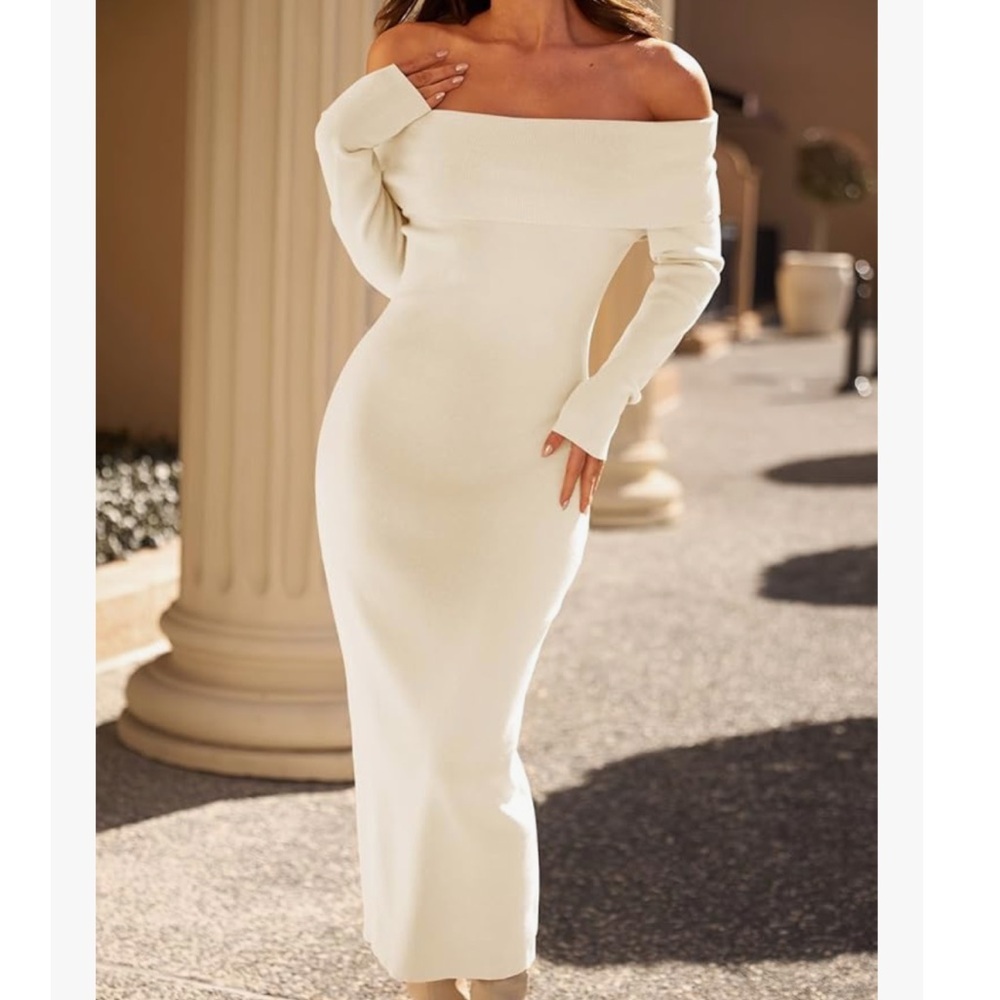 Merokeety Off the Shoulder Long Sleeve Cream Midi Dress